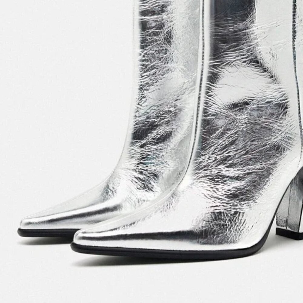 ZARA 100% LEATHER METALLIC HEELED KNEE HIGH BOOTS - Picture 4 of 13